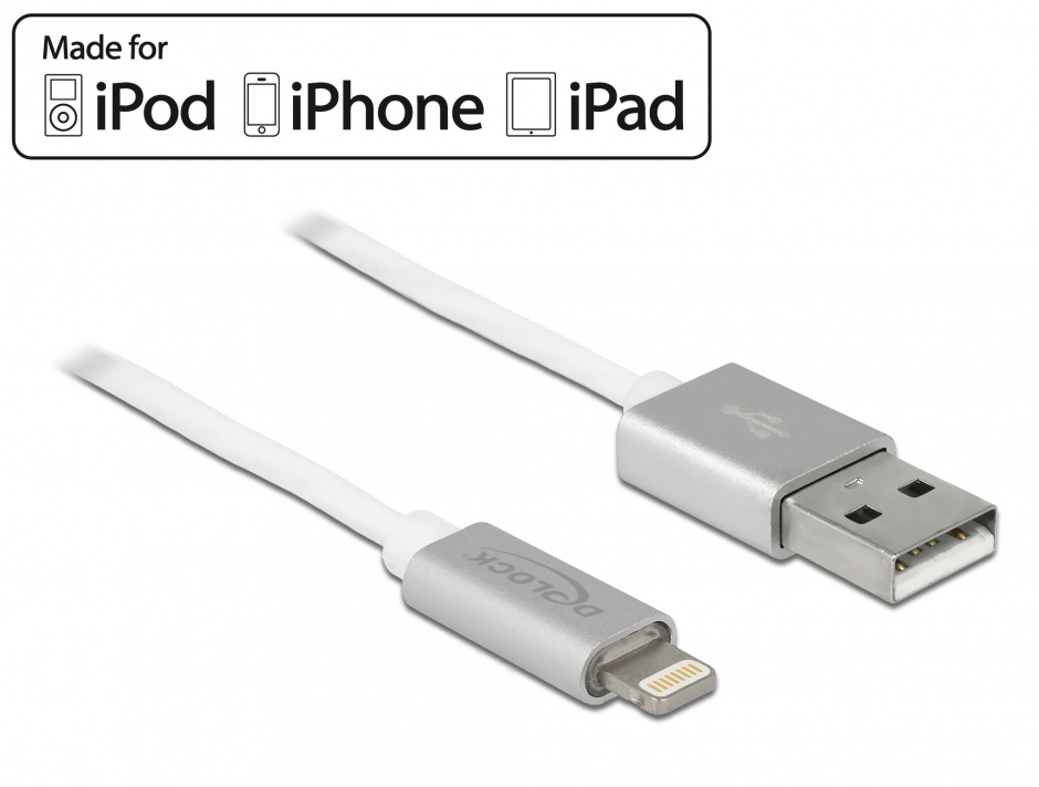 Cablu de date + incarcare Lightning MFI pentru iPhone, iPad, iPod cu LED 1m, Delock 83772 imagine noua