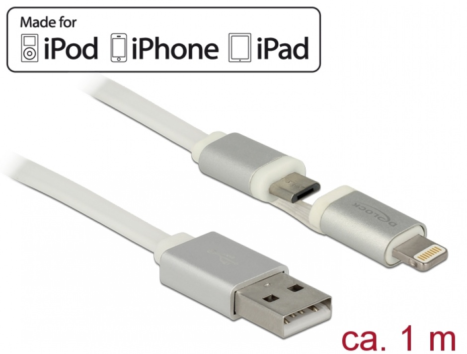 Cablu de date + incarcare micro USB cu adaptor Lightning MFI T-T 1m, Delock 83773 imagine noua