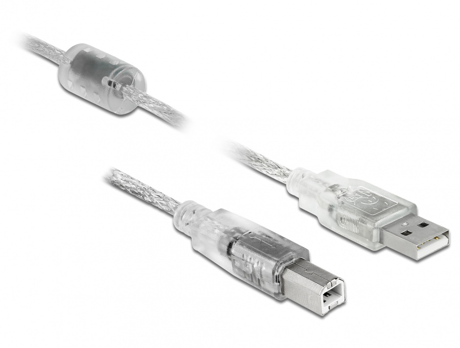 Cablu USB 2.0 tip A-B cu ferita 1m transparent, Delock 83892 2.0