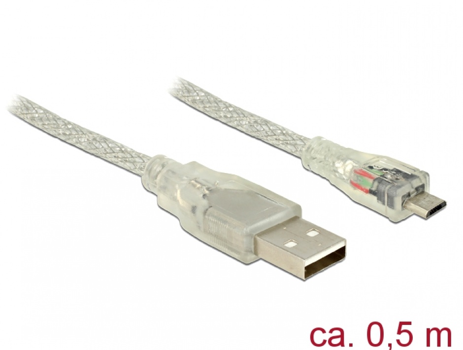 Cablu USB la micro USB-B 2.0 0.5m transparent, Delock 83897 conectica.ro