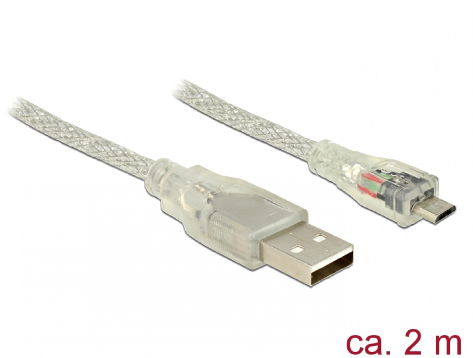 Cablu USB la micro USB-B 2.0 T-T 2m transparent, Delock 83901 2.0