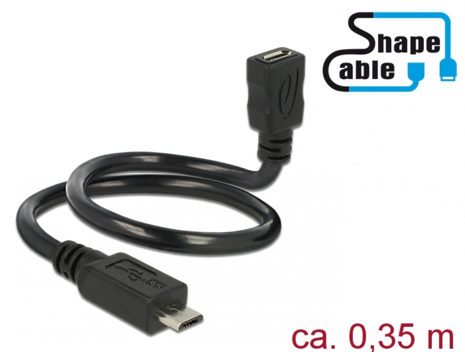 Cablu prelungitor micro USB-B 5 pini 2.0 T-M OTG ShapeCable 0.35m, Delock 83924 conectica.ro