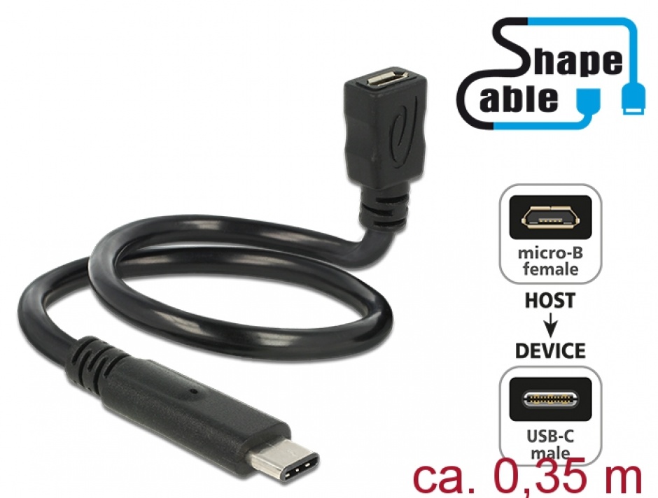 Cablu micro usb-b 2.0 la usb-c m-t negru shapecable 0.35m, delock 83930