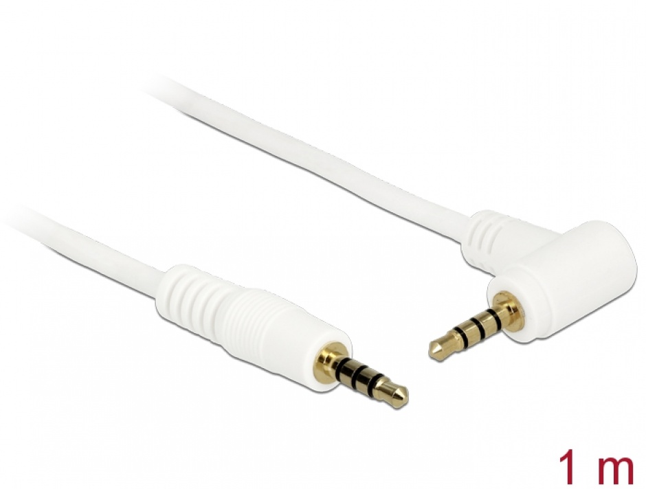 Cablu Stereo Jack 3.5 mm 4 pini unghi 1m T-T Alb, Delock 84738