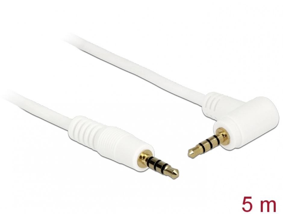 Cablu stereo jack 3.5 mm 4 pini unghi 5m t-t alb, delock 84744