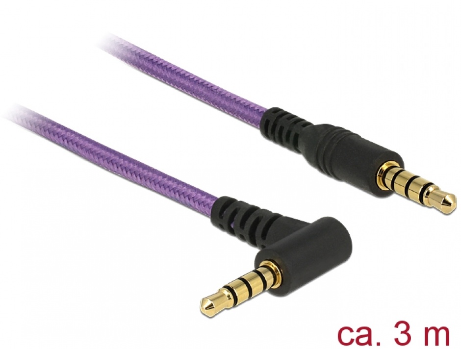 Cablu stereo jack 3.5mm 4 pini unghi mov t-t 3m, delock 84764