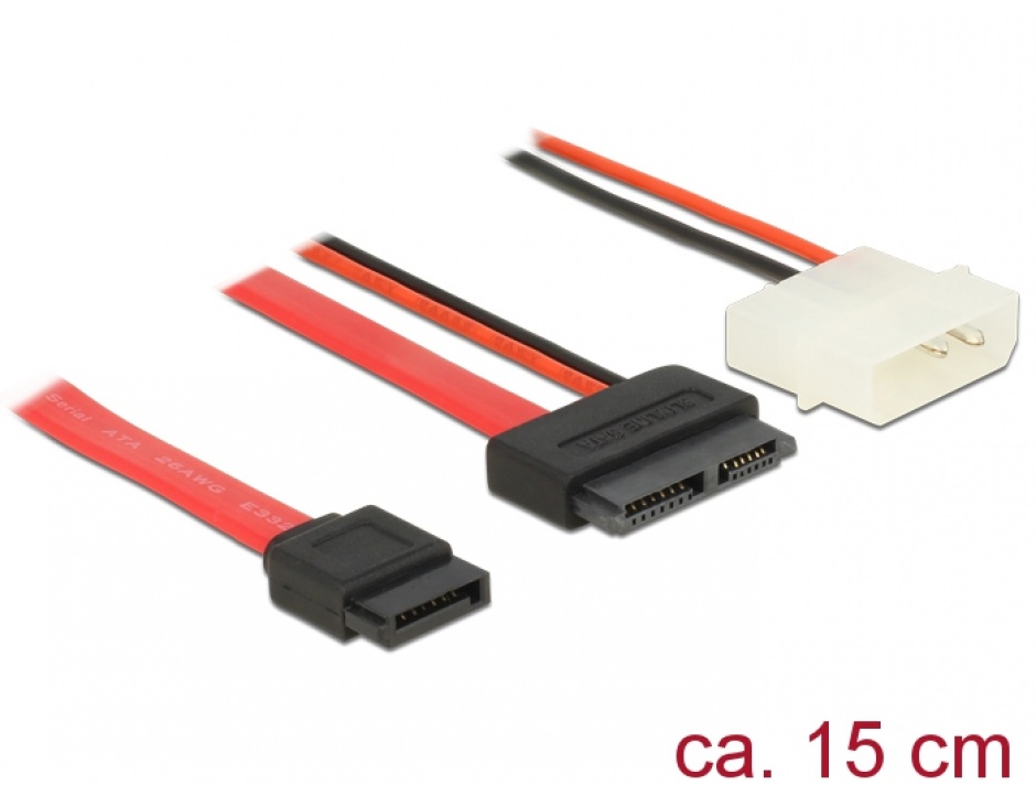 Cablu Slim SATA la SATA 7 pini + 2 pini alimentare M-T 15cm, Delock 84789 conectica.ro