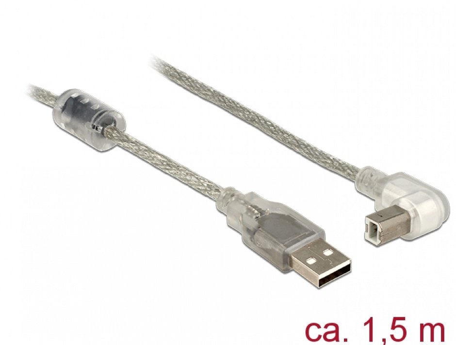 Cablu USB 2.0 tip A-B T-T unghi 1.5m transparent, Delock 84813