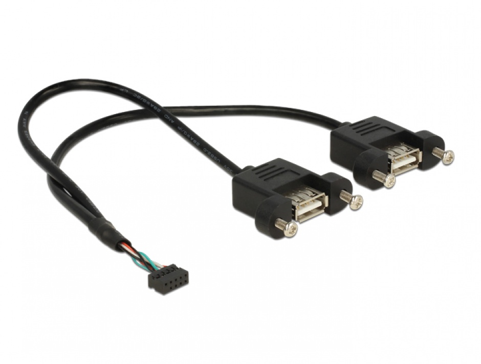 Cablu USB 2.0 pin header female 2.00 mm 10 pini la 2 x USB 2.0-A 25cm, Delock 84832 conectica.ro
