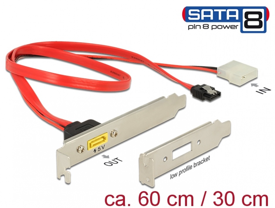 Slot bracket SATA 6 Gb/s 7 pini + Molex 4 pini alimentare la SATA de alimentare 8 pini, Delock 84949 conectica.ro