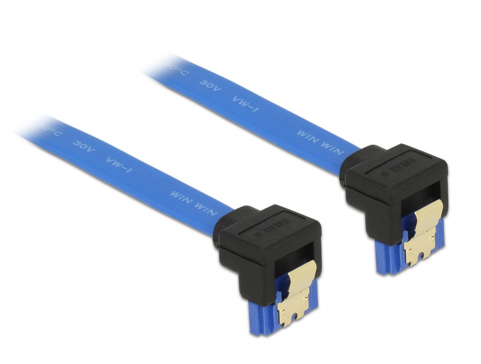 Cablu SATA III 6 Gb/s unghi jos/jos Bleu 30cm, Delock 85096