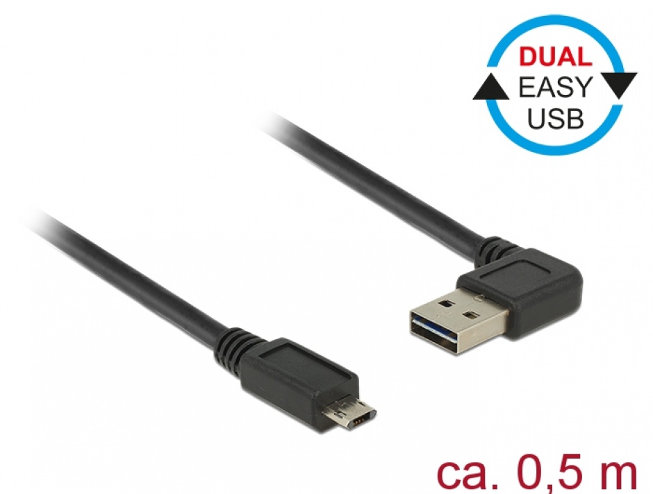 Cablu EASY-USB 2.0 tip A unghi stanga/dreapta la micro USB-B EASY-USB T-T 0.5m Negru, Delock 85164 (stanga/dreapta) imagine noua 2022