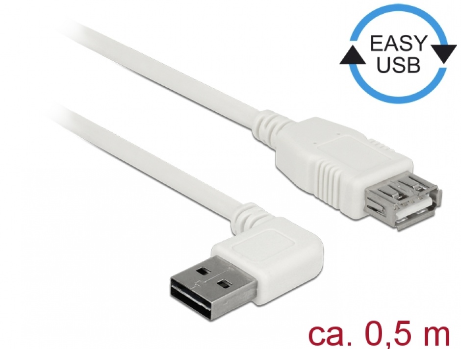 Cablu prelungitor easy-usb 2.0 tip a unghi stanga/dreapta t-m 0.5m alb, delock 85178