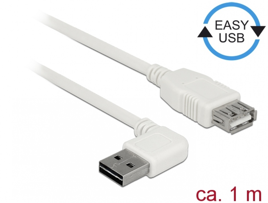 Cablu prelungitor easy-usb 2.0 tip a unghi stanga/dreapta t-m 1m alb, delock 85179