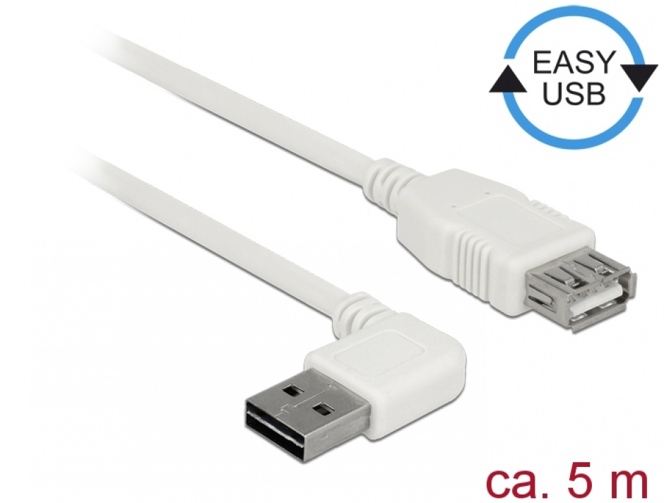 Cablu prelungitor easy-usb 2.0 tip a unghi stanga/dreapta t-m 5m alb, delock 85182