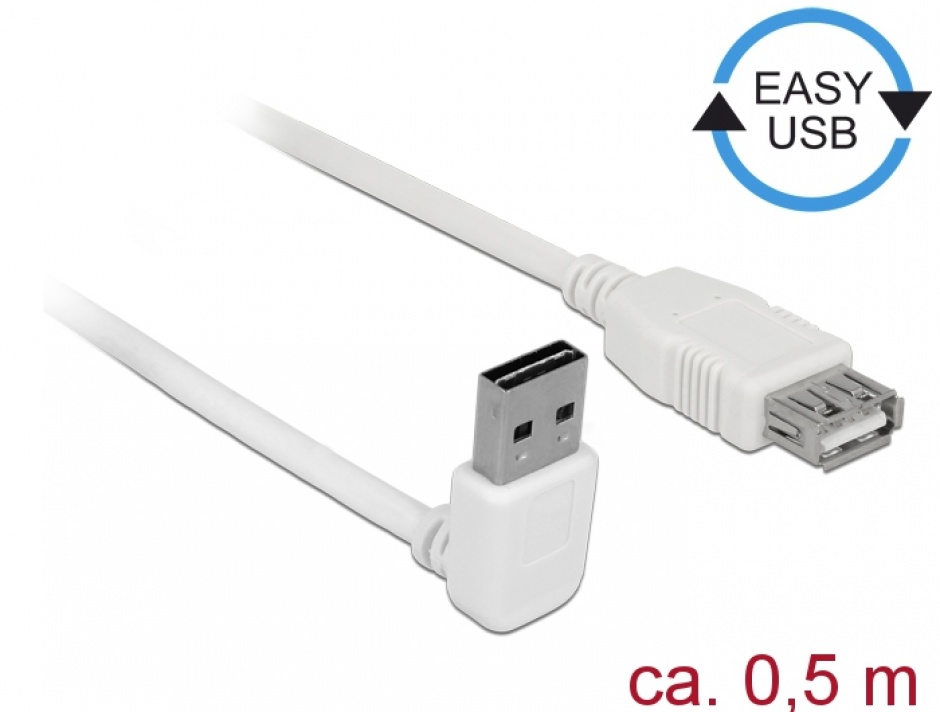 Cablu prelungitor easy-usb 2.0 tip a unghi sus/jos t-m 0.5m alb, delock 85186