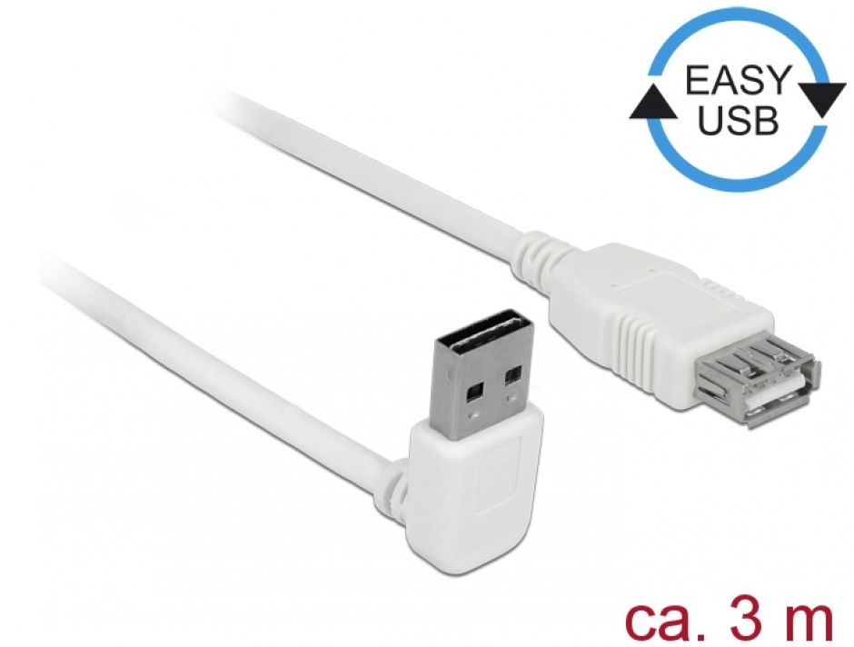 Cablu prelungitor easy-usb 2.0 tip a unghi sus/jos t-m 3m alb, delock 85189