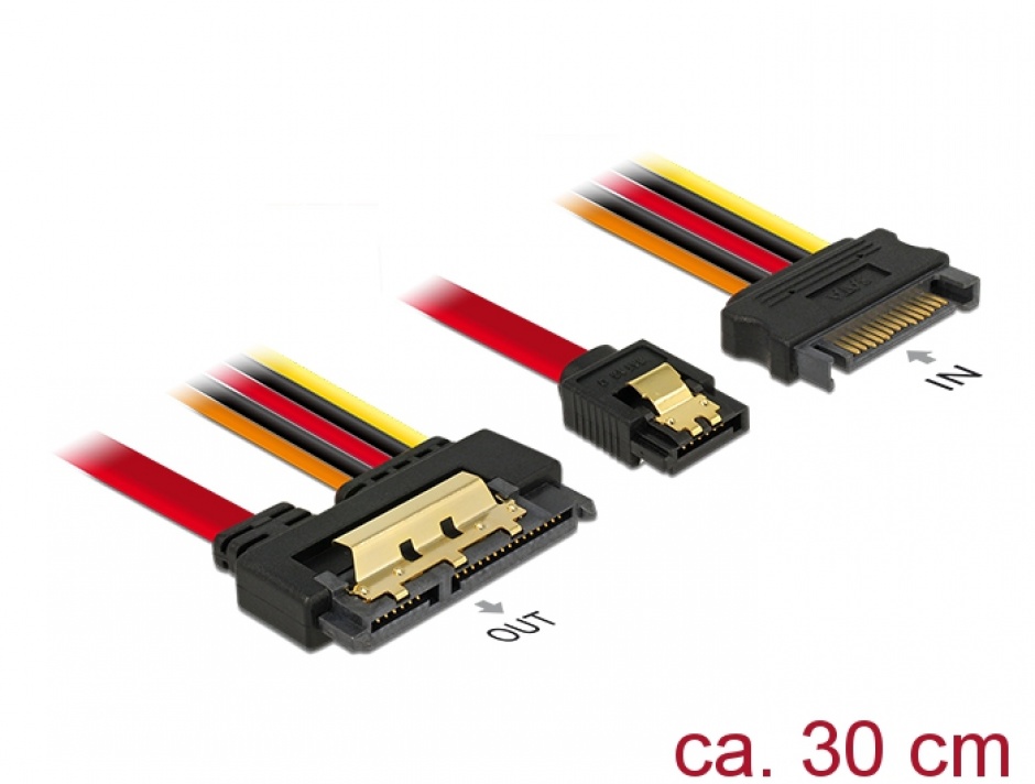 Cablu de date + alimentare SATA 22 pini 6 Gb/s cu clips la SATA 15 pini + SATA 7 pini 30cm, Delock 85228 conectica.ro