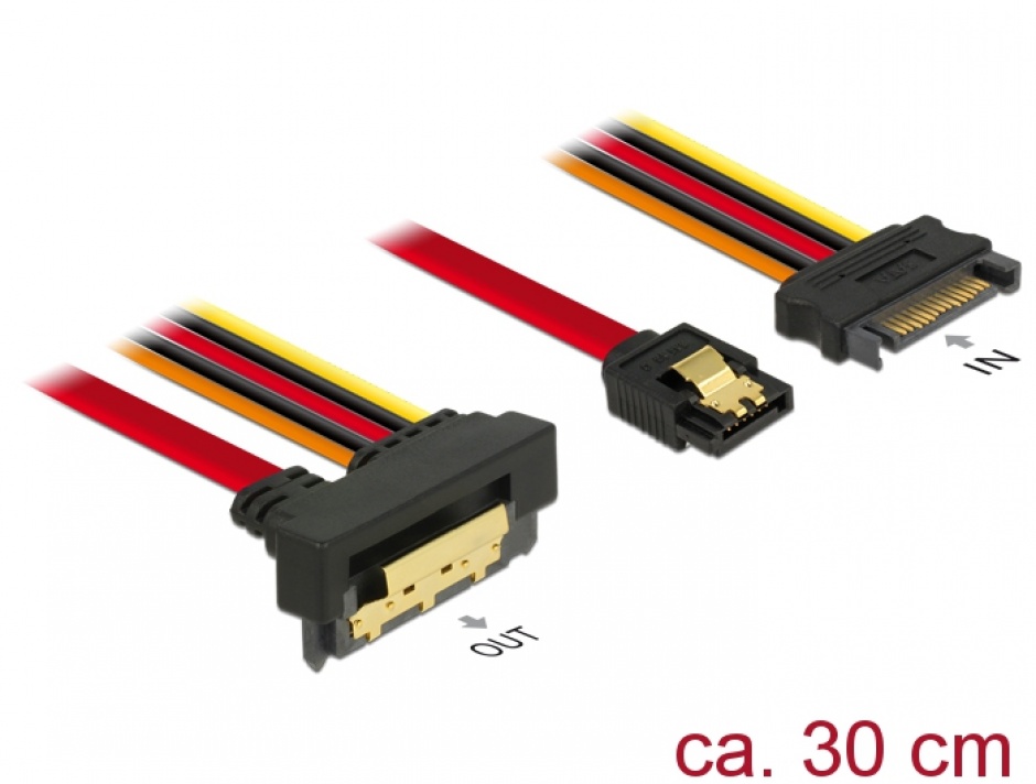 Cablu de date + alimentare SATA 22 pini 6 Gb/s cu clips la SATA 15 pini + SATA 7 pini unghi jos/drept 30cm, Delock 85229 conectica.ro