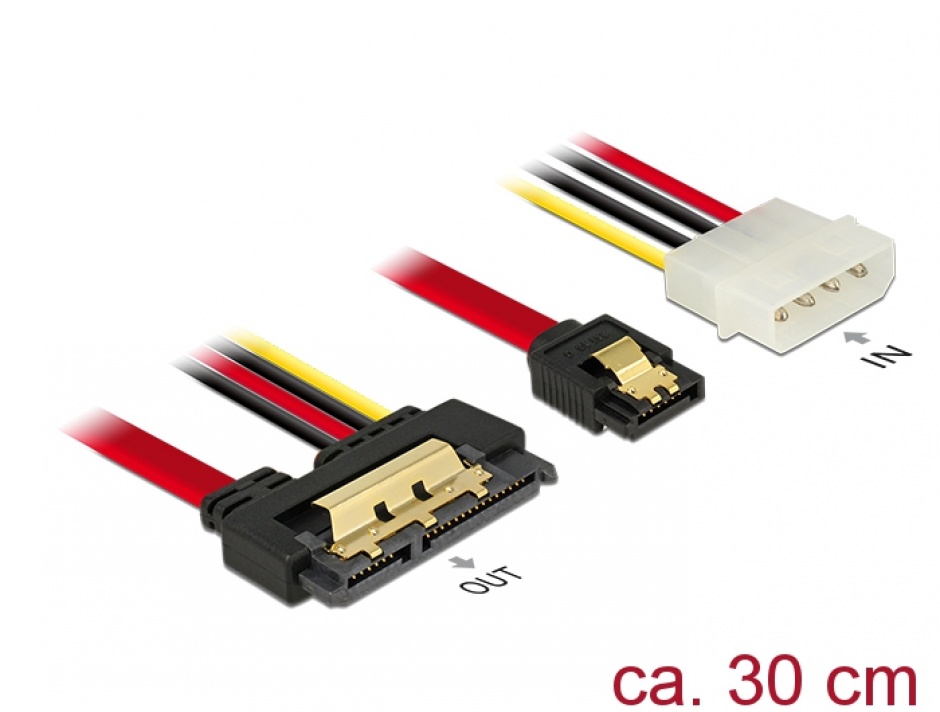 Cablu de date + alimentare SATA 22 pini 6 Gb/s cu clips la Molex 4 pini + SATA 7 pini 30cm, Delock 85230 conectica.ro