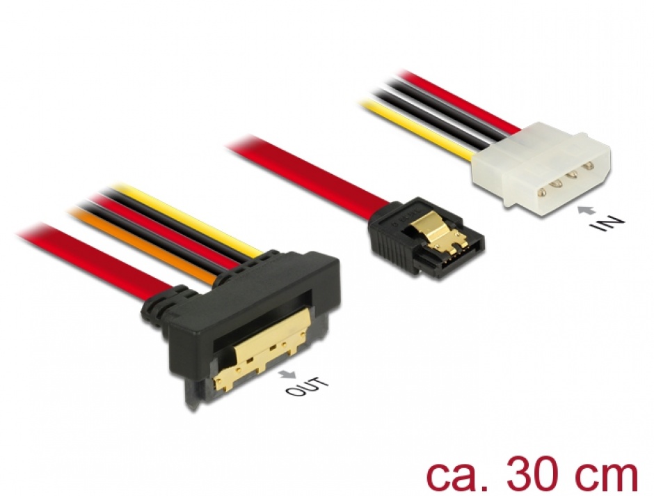 Cablu de date + alimentare SATA 22 pini 6 Gb/s cu clips la Molex 4 pini + SATA 7 pini unghi jos/drept 30cm, Delock 85231 conectica.ro