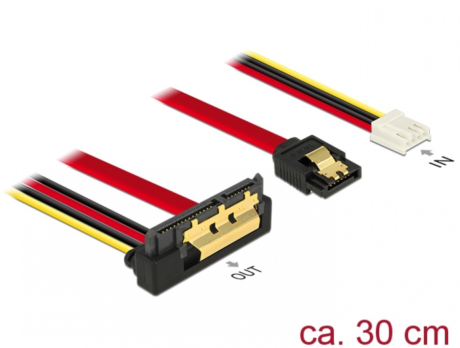 Cablu de date + alimentare SATA 22 pini 6 Gb/s cu clips la Floppy 4 pini mama + SATA 7 pini unghi jos/drept 30cm, Delock 85235 conectica.ro
