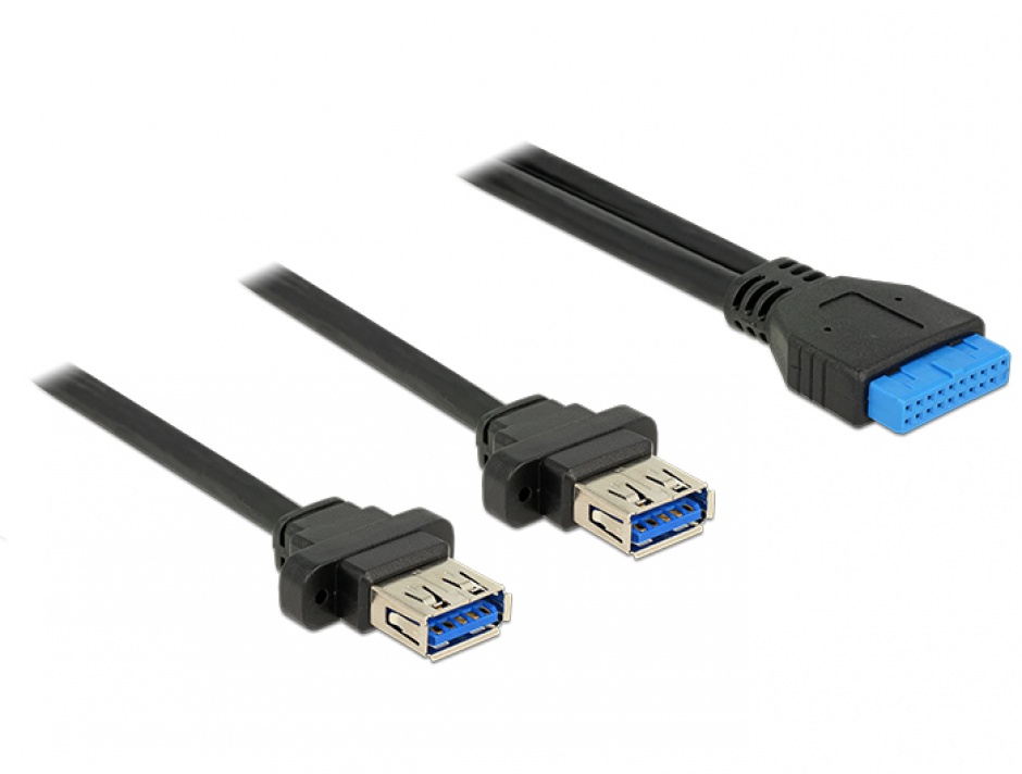 Cablu pin header USB 3.0 19 pini 2.00 mm la 2 x USB 3.0-A M-M 0.8m, Delock 85244 conectica.ro