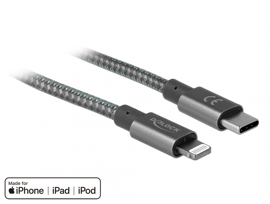 Cablu de date si incarcare usb-c la iphone lightning mfi 2m gri, delock 85298