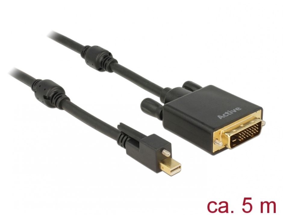 Cablu mini Displayport 1.2 cu surub la DVI 4K 30 Hz Activ 5m T-T negru, Delock 85637 1.2
