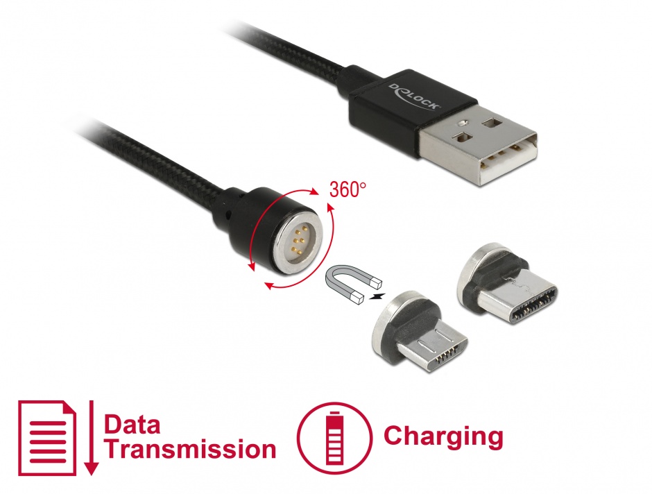 Cablu USB magnetic date + incarcare Micro USB / USB-C 1.1m Negru, Delock 85723 conectica.ro