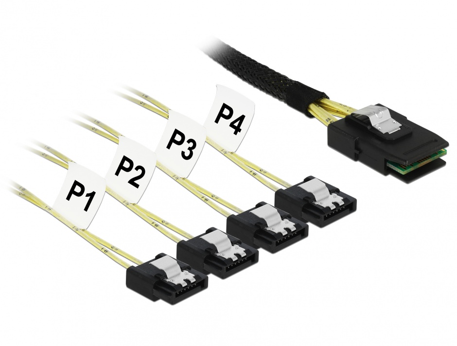 Cablu Mini SAS SFF-8087 la 4 x SATA 7 pini 1m metal, Delock 85731 conectica.ro