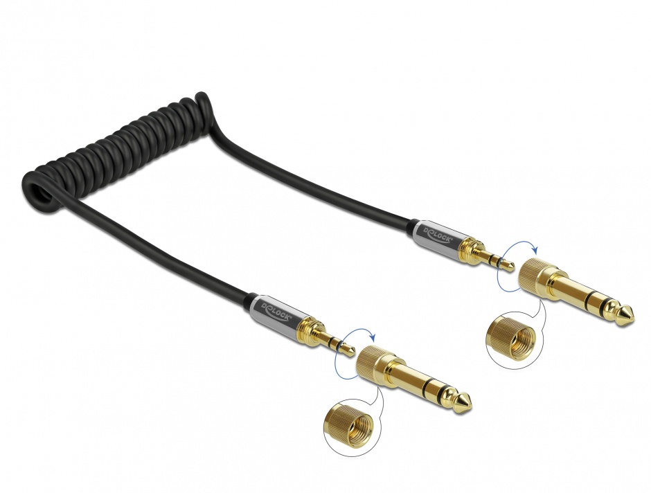 Cablu spiralat jack stereo 3.5mm 3 pini T-T + adaptor 6.35mm 1m, Delock 85836 1m