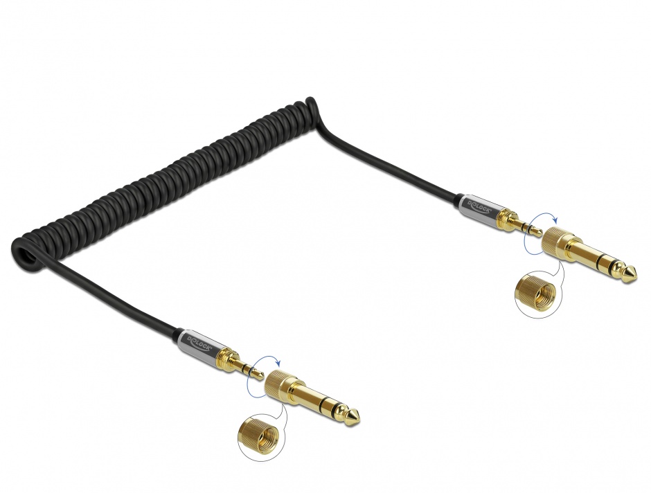 Cablu spiralat jack stereo 3.5mm 3 pini T-T + adaptor 6.35mm 2m, Delock 85837 2m imagine noua