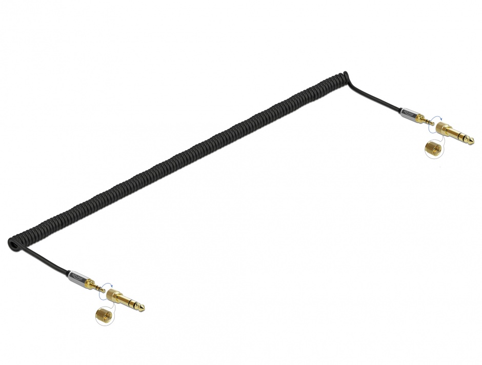 Cablu spiralat jack stereo 3.5mm 3 pini T-T + adaptor 6.35mm 5m, Delock 85839 3.5mm