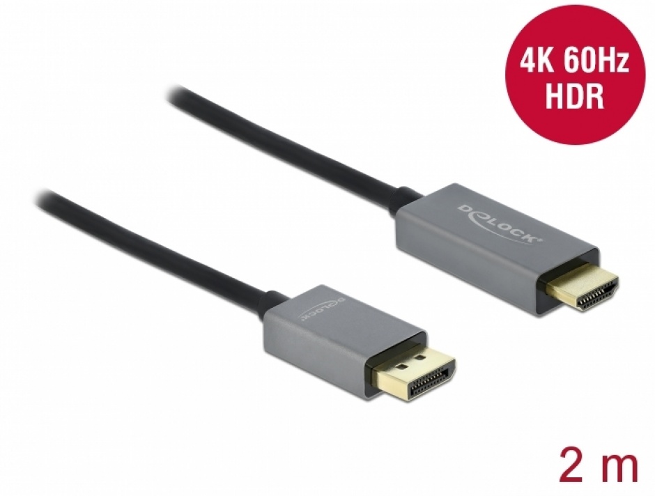 Cablu activ DisplayPort 1.4 la HDMI 4K@60 Hz (HDR) T-T 2m, Delock 85929 conectica.ro
