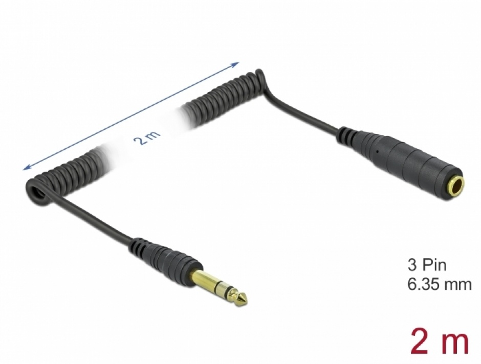 Cablu prelungitor jack stereo 6.35mm T-M 2m negru, Delock 85938 imagine noua