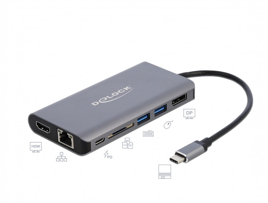 Docking Station USB-C la HDMI 4K, Displayport, 2 x USB 3.0, SD slot, Gigabit LAN, PD 3.0, Delock 87683 conectica.ro