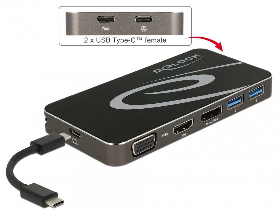 Docking station usb 3.1 tip c la hdmi + dp + vga 1080p, usb hub si pd (power delivery), delock 87722