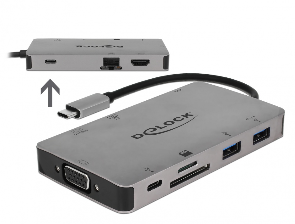 Docking Station USB-C la HDMI 4K / VGA / USB 3.1 / SD / LAN / PD 3.0, Delock 87735 conectica.ro