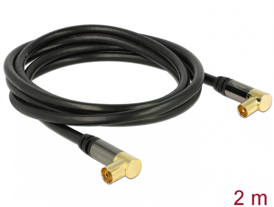 Cablu prelungitor antena IEC Plug la IEC Jack RG-6/U 2m unghi Negru, Delock 88865 88865