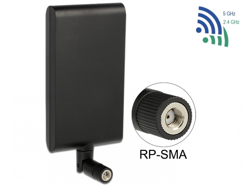 Antena WLAN 802.11 ac/a/h/b/g/n RP-SMA 7,5 ~ 10 dBi Directional With Flexible Joint, Delock 88904 conectica.ro imagine noua tecomm.ro