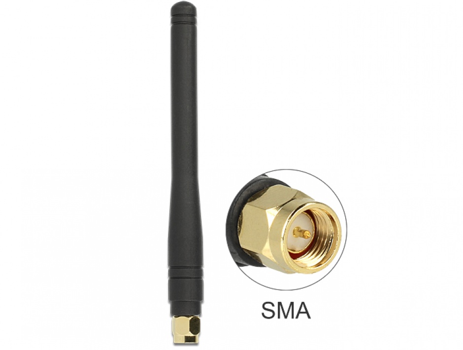 Antena ISM 433 MHz SMA 2.5 dBi Omnidirectional Flexible Rubber Black, Delock 88914 2.5