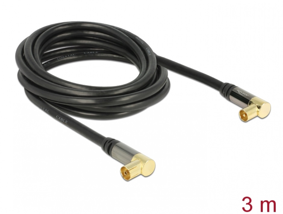 Cablu prelungitor antena IEC Plug la IEC Jack RG-6/U 3m unghi Negru, Delock 88916 88916