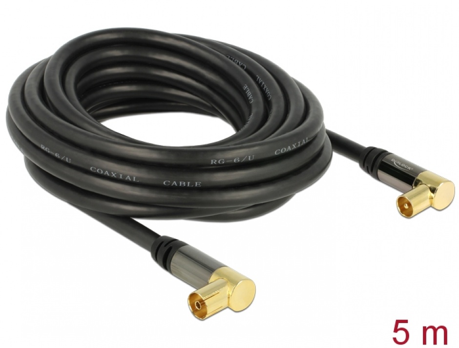 Cablu prelungitor antena IEC Plug la IEC Jack RG-6/U 5m unghi Negru, Delock 88917 imagine noua