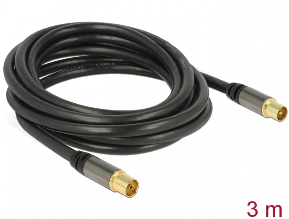 Cablu prelungitor antena IEC Plug la IEC Jack RG-6/U 3m Negru, Delock 88924 conectica.ro