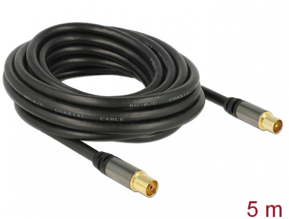 Cablu prelungitor antena IEC Plug la IEC Jack RG-6/U 5m Negru, Delock 88925 imagine noua
