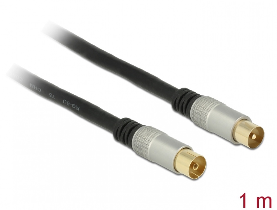 Cablu de antena IEC Plug la IEC Jack RG-6/U ecranat 1m Negru Premium, Delock 88945