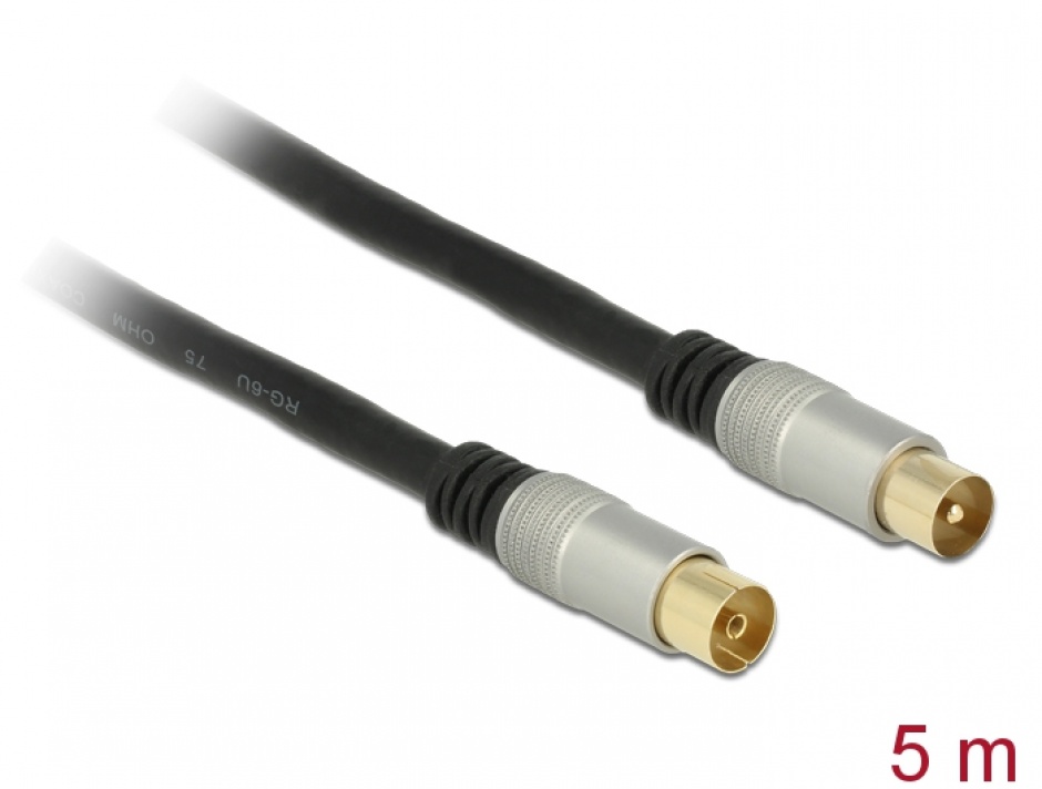 Cablu de antena iec plug la iec jack rg-6/u ecranat 5m negru premium, delock 88948