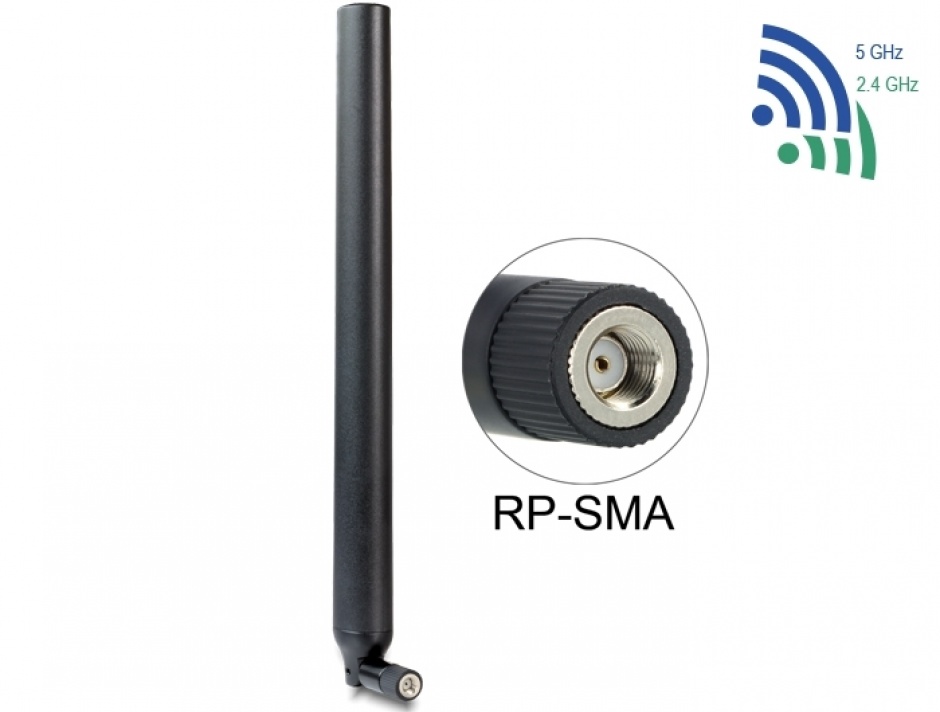 Antena WLAN RP-SMA 802.11 ac/a/h/b/g/n 5.5 ~ 9 dBi Omnidirectional Joint Black, Delock 88991 5.5