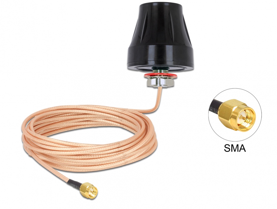 Antena exterioara LTE SMA 2 dBi fixa omnidirectionala + cablu RG-316U 5m, Delock 89899 imagine noua